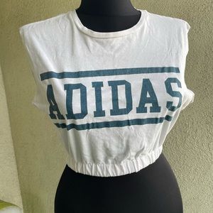 Adidas Womens Crop Muscle Tee Cotton  looks vintage has wear frayed sleeve Retro